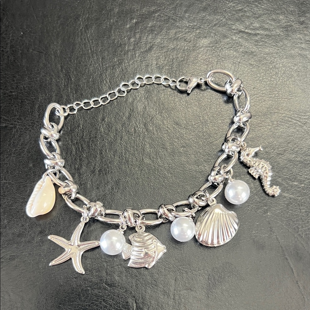 Amazon Silver Charm Bracelet with White Pearl and Shell Accents